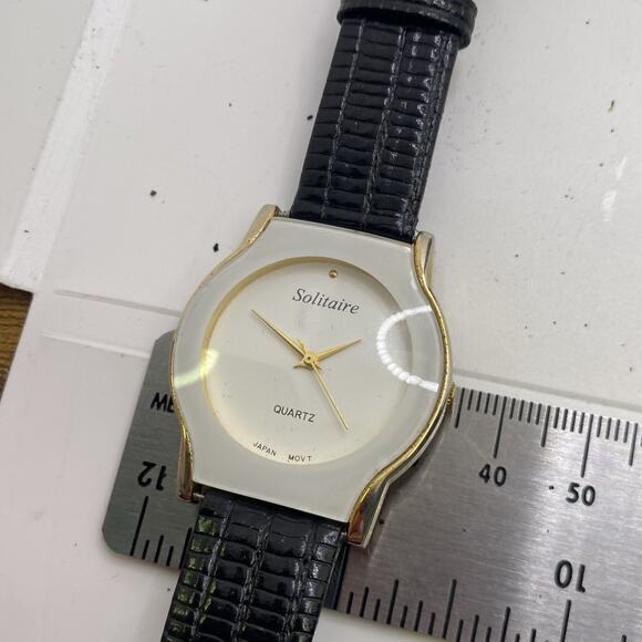 Vintage Solitare Womens White Black Leather Watch New Battery - Picture 4 of 8